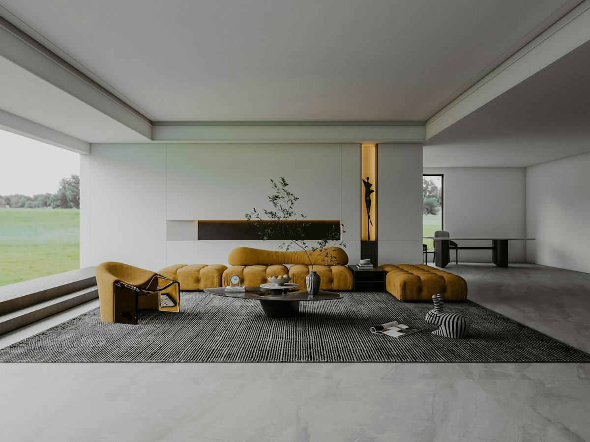 A modern living room with a large window