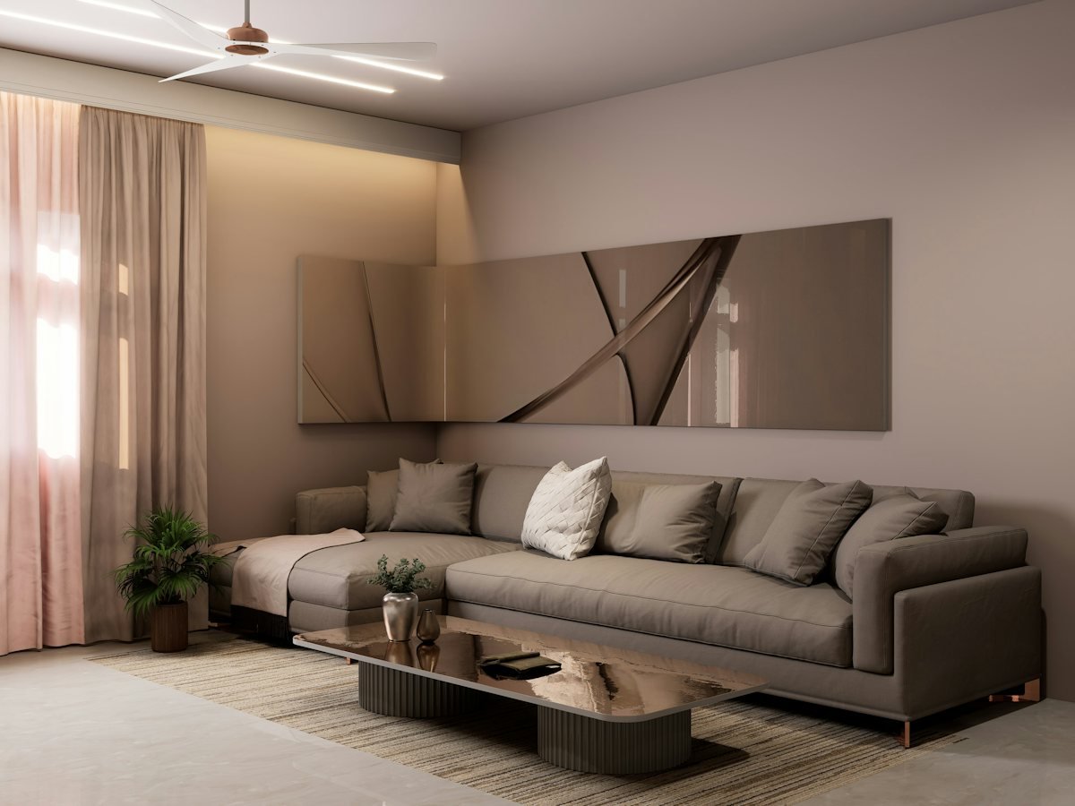 A neutral living room with low seating