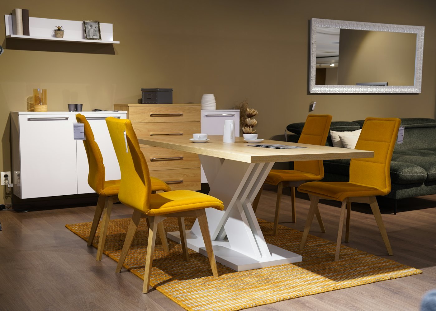 A dining table and chairs on display